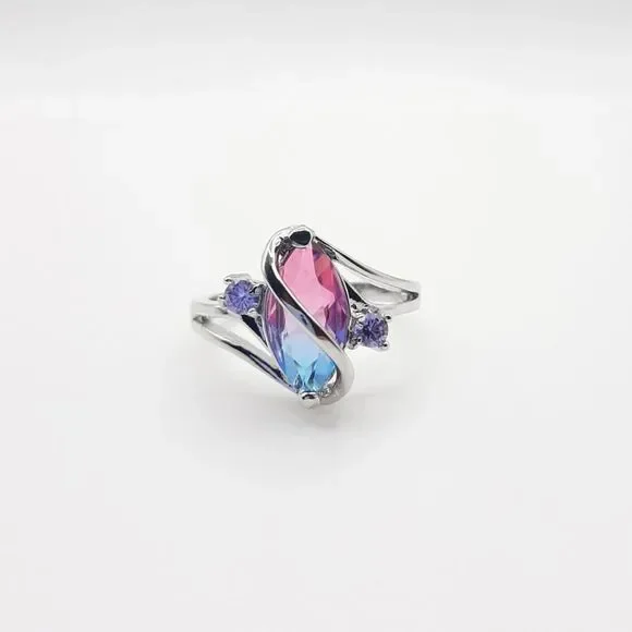 Marquise Rainbow Tourmaline Twist Ring Purple Pink Blue - Picture 1 of 4